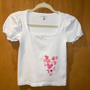 Upcycled Heart Patchwork Brandy Melville White cotton shirt with puff sleeves